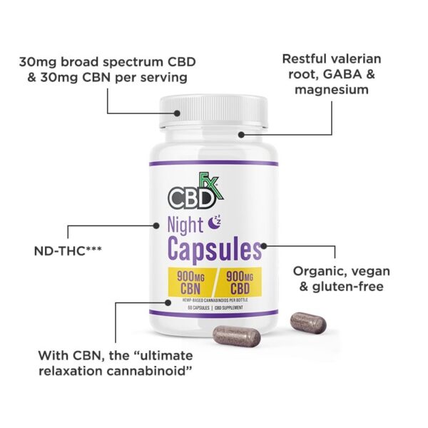 CBD + CBN Night Capsules For Sleep 1:1 Ratio 900mg - Image 3